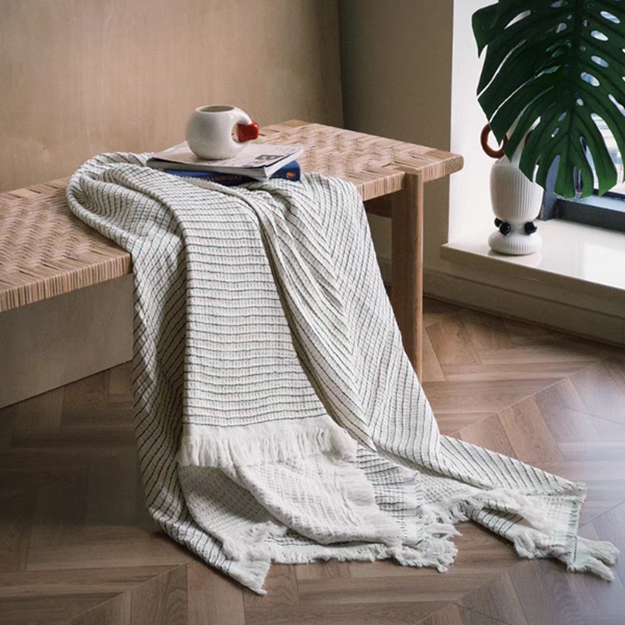 Avalon Throw - White with Green Stripes